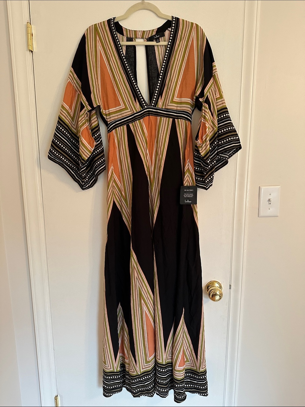 NWT Lulu's Black Maxi Dress with Peach and Olive Stripes